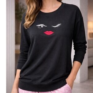 Kate Spade NWT Black Long Sleeve Face Lips Eyes Lightweight Lounge / SleepTop S